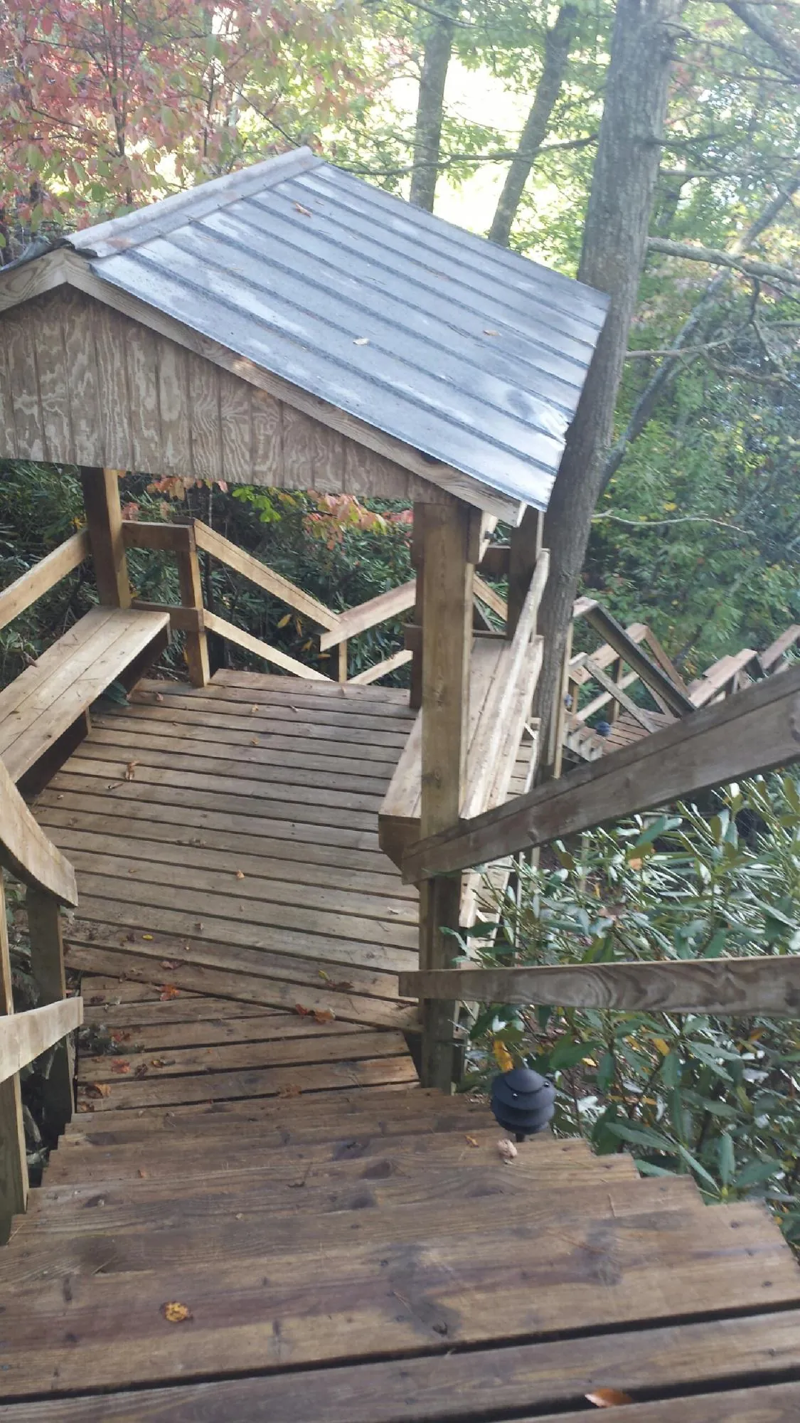 Metal roofed shelter over wooden steps on a wooded walkway — Skylight Repair & Installation work by our crew in Danby